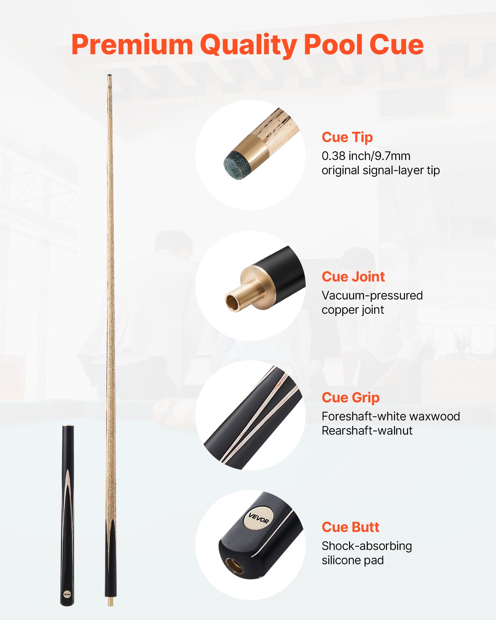 VEVOR Snookerqueue Billardqueue (1447,8 mm / 540 g) mit Verlängerungsstange & Lederspitze & Holzkoffer, Billardstock geeignet für professionellen Billardtisch, Bar, Zuhause, Büro