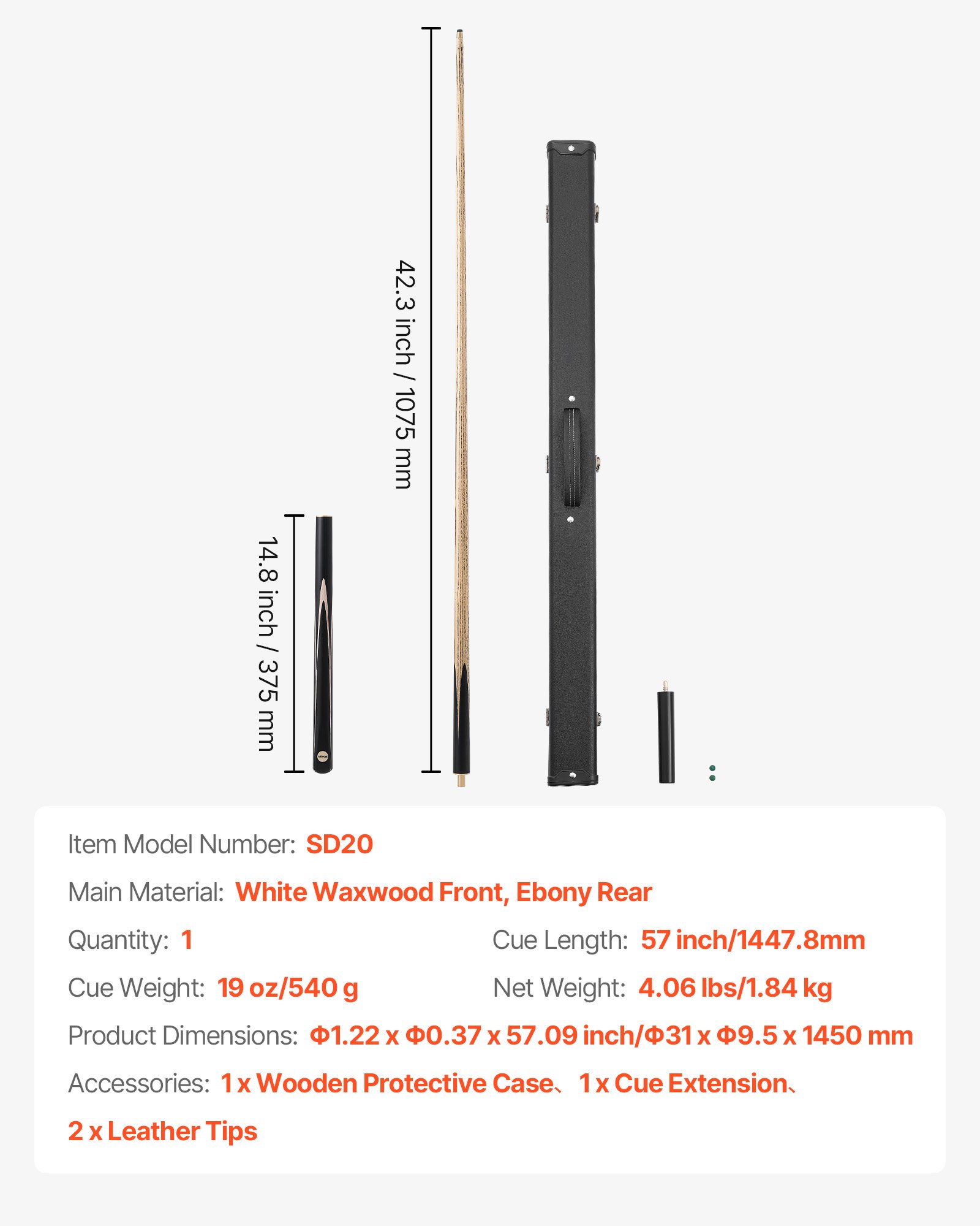 VEVOR Snookerqueue Billardqueue (1447,8 mm / 540 g) mit Verlängerungsstange & Lederspitze & Holzkoffer, Billardstock geeignet für professionellen Billardtisch, Bar, Zuhause, Büro