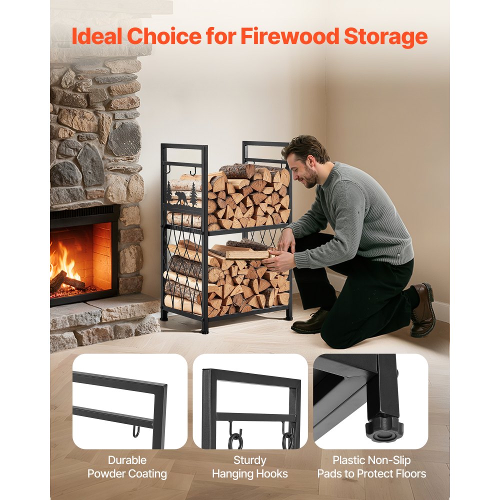 VEVOR Indoor Firewood Rack, 45.5cm 2-Tier Firewood Holder with Fireplace Tools, Brush, Shovel, Poker, Tongs, Heavy Duty Log Wood Rack, 400 lbs Weight Capacity, Wood Pile Storage Stacker for Fire Pit