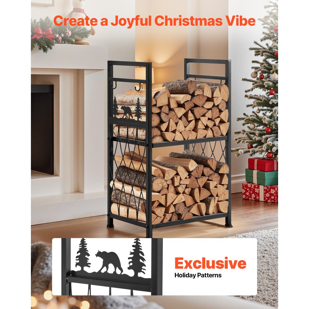 VEVOR Indoor Firewood Rack, 45.5cm 2-Tier Firewood Holder with Fireplace Tools, Brush, Shovel, Poker, Tongs, Heavy Duty Log Wood Rack, 400 lbs Weight Capacity, Wood Pile Storage Stacker for Fire Pit