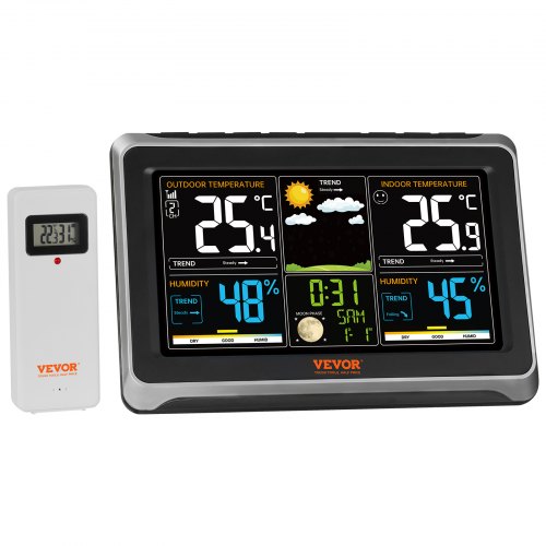 VEVOR Wetterstation Funkwetterstation mit Wettervorhersage Thermo-/Hygrometer RCC-Atomuhr 19cm Display 100m Fernübertragung 7 Sprachen Alarmfunktionen Automatische Kalibrierung 3-stufige Dimmung