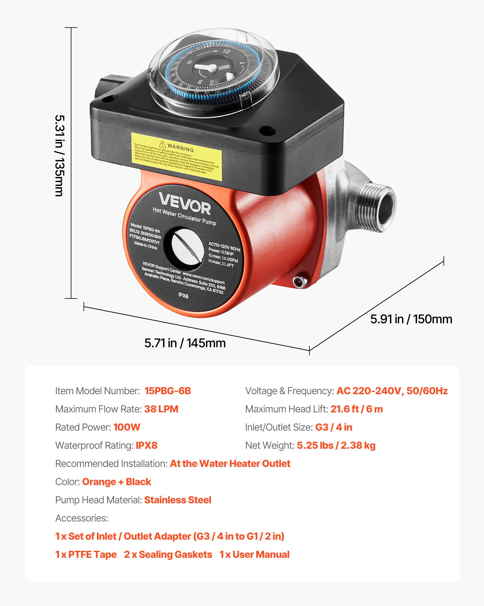 VEVOR Umwälzpumpe mit Timer, 38 LPM Umwälzpumpensystem mit sofortiger Zirkulation, 100 W AC 220–240 V, Heizungspumpe G3/4 Zoll auf G1/2 Zoll Anschluss, für Boiler, Warmwasserbereitung