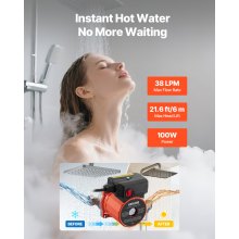 VEVOR Umwälzpumpe, 38 LPM, Umwälzpumpensystem mit sofortiger Zirkulation, 3-Gang-Steuerung, 100 W, AC 220–240 V, G3/4 Zoll auf G1/2 Zoll Adapter, Edelstahlkopf, für Warmwasserbereitersystem