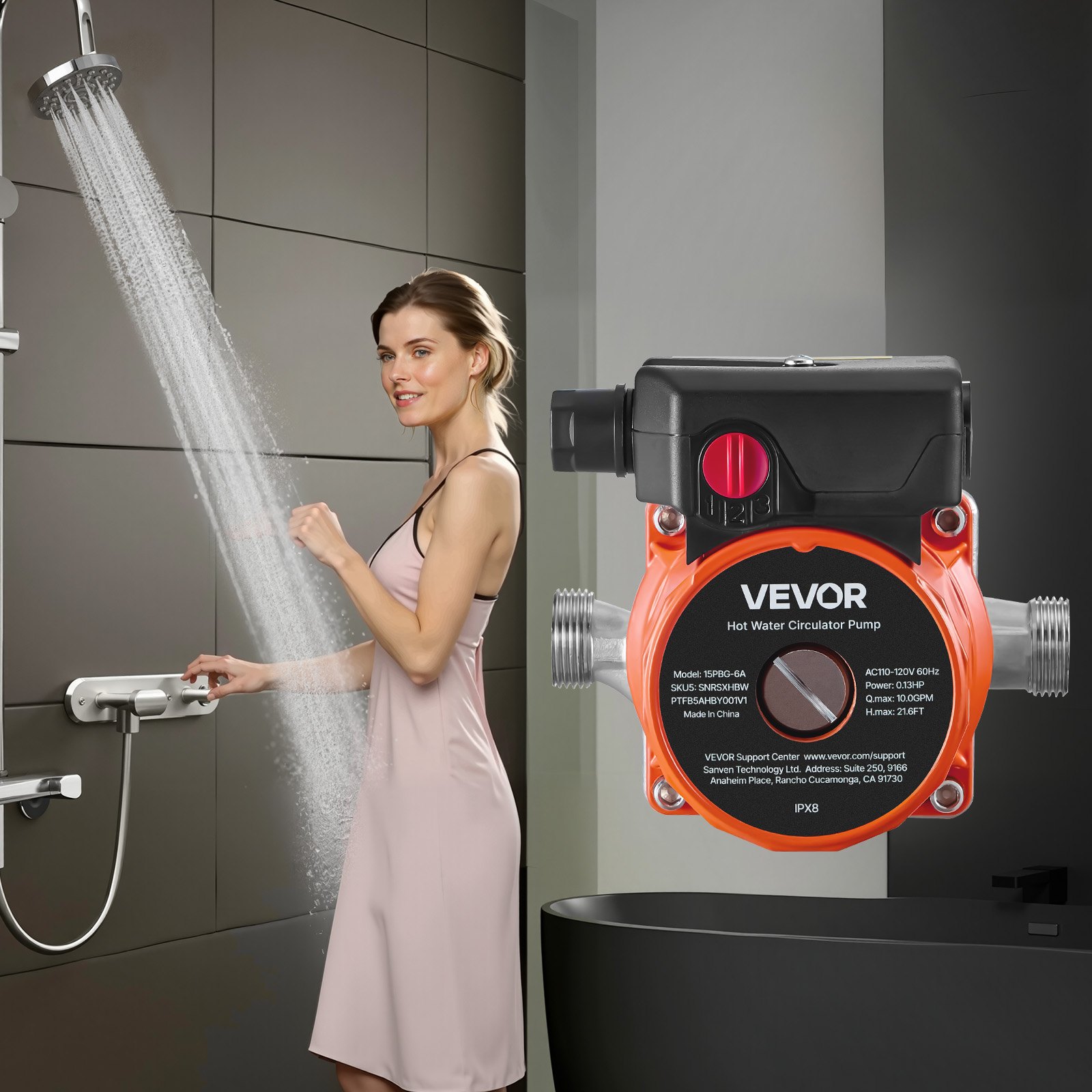 VEVOR Umwälzpumpe, 38 LPM, Umwälzpumpensystem mit sofortiger Zirkulation, 3-Gang-Steuerung, 100 W, AC 220–240 V, G3/4 Zoll auf G1/2 Zoll Adapter, Edelstahlkopf, für Warmwasserbereitersystem