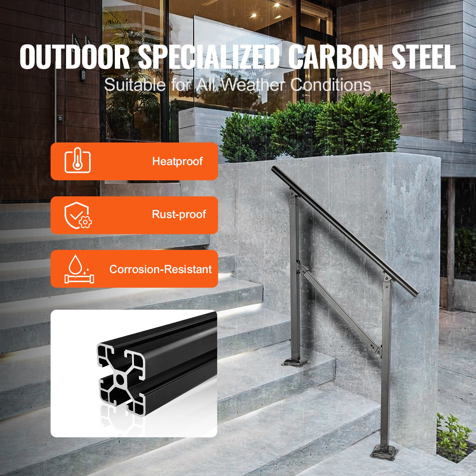 VEVOR Handlauf Kohlenstoffstahl Pflegeleicht Treppengeländer mit Querstab 914,4mm Geländer 300kg Tragfähigkeit 680mm Abstand zwischen den Säulen inkl. Schlagbohrmaschine Brüstung Balkongeländer