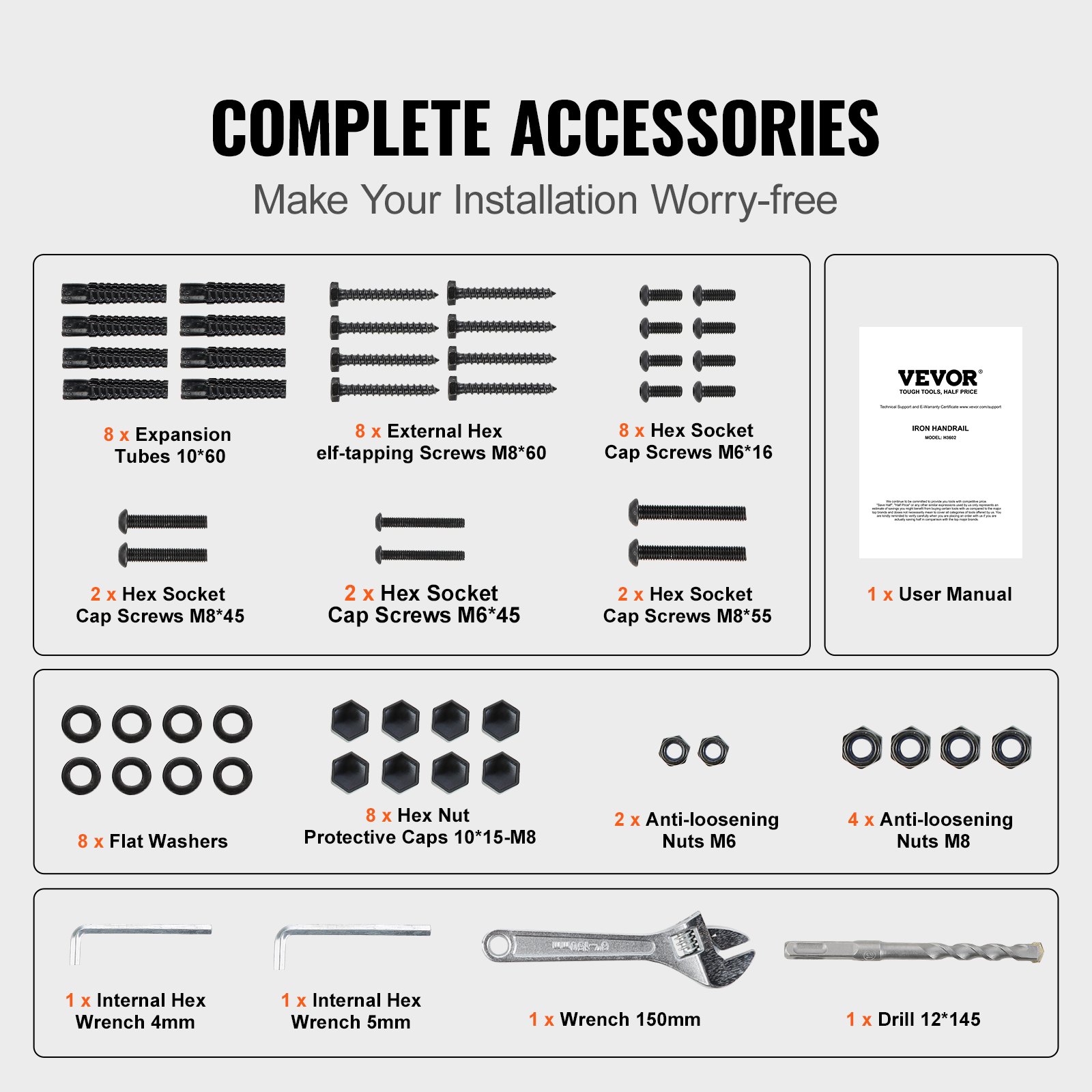 VEVOR Handlauf Kohlenstoffstahl Pflegeleicht Treppengeländer mit Querstab 914,4mm Geländer 300kg Tragfähigkeit 680mm Abstand zwischen den Säulen inkl. Schlagbohrmaschine Brüstung Balkongeländer