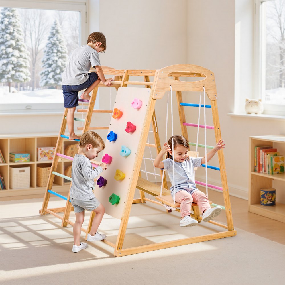 VEVOR Indoor Spielplatz Klettergerüst (7 in 1) aus Holz, 113 kg belastbares Montessori-Kletterspielzeug-Set mit Schaukel/Klettergerüst/Rutsche/Holzleiter/Strickleiter/Kletternetz/Fels