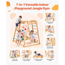VEVOR Indoor Spielplatz Klettergerüst (7 in 1) aus Holz, 113 kg belastbares Montessori-Kletterspielzeug-Set mit Schaukel/Klettergerüst/Rutsche/Holzleiter/Strickleiter/Kletternetz/Fels