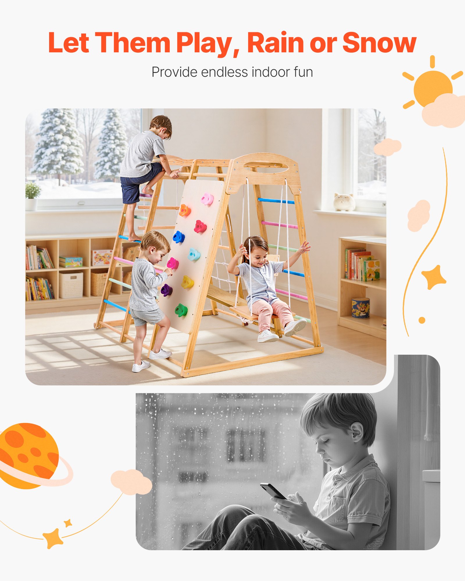 VEVOR Indoor Spielplatz Klettergerüst (7 in 1) aus Holz, 113 kg belastbares Montessori-Kletterspielzeug-Set mit Schaukel/Klettergerüst/Rutsche/Holzleiter/Strickleiter/Kletternetz/Fels