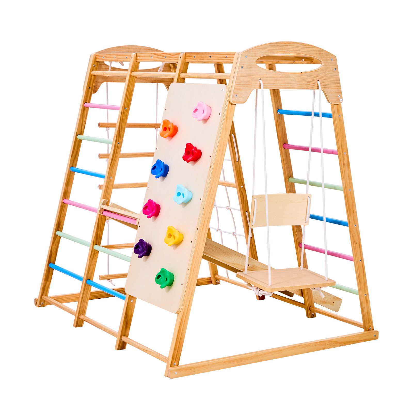 VEVOR Indoor Spielplatz Klettergerüst (7 in 1) aus Holz, 113 kg belastbares Montessori-Kletterspielzeug-Set mit Schaukel/Klettergerüst/Rutsche/Holzleiter/Strickleiter/Kletternetz/Fels