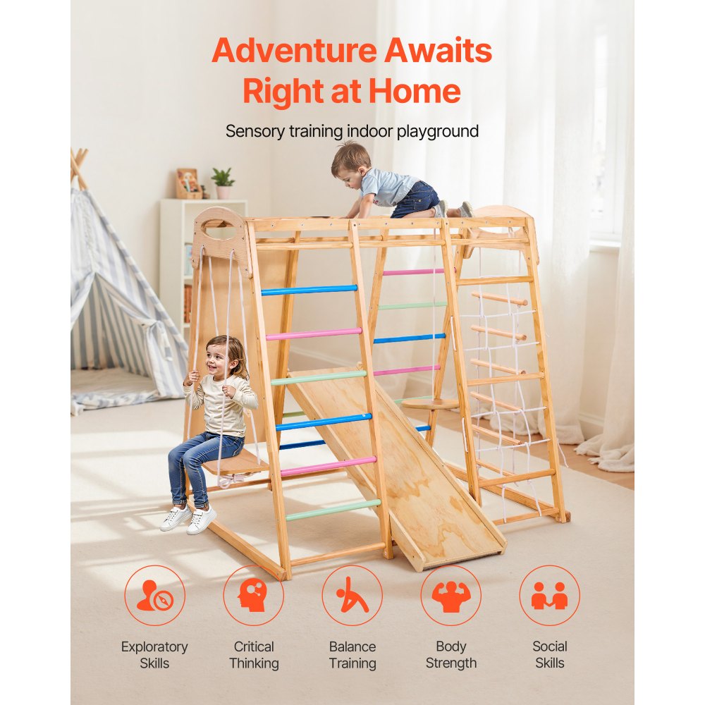 VEVOR Indoor Spielplatz Klettergerüst (9 in 1) aus Holz, 113 kg belastbares Montessori-Kletterspielzeug-Set mit Schaukeln/Klettergerüst/Rutsche/Holzleiter/Strickleiter/Kletternetz/Fels/Stange/Seil