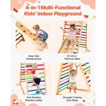VEVOR Indoor Spielplatz Klettergerüst Set (4 in 1) aus Holz, 100 kg belastbares Montessori-Kletterspielzeug-Set mit Kletterfelsen/Rutsche/Holzleiter/Turnringen Bunt
