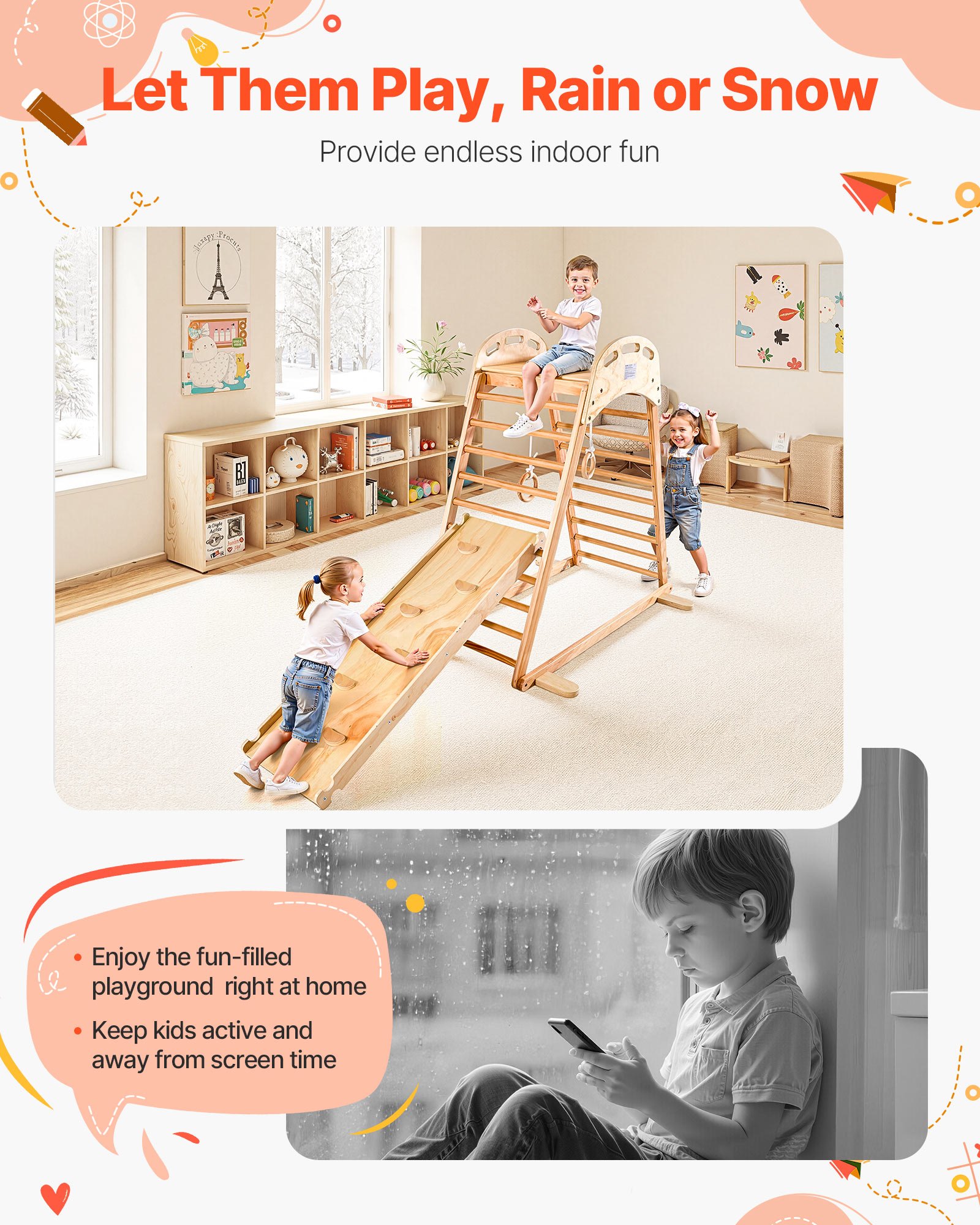 VEVOR Indoor Spielplatz Klettergerüst Set (4 in 1) aus Holz, 100 kg belastbares Montessori-Kletterspielzeug-Set mit Kletterfelsen/Rutsche/Holzleiter/Turnringen Holzfarbe