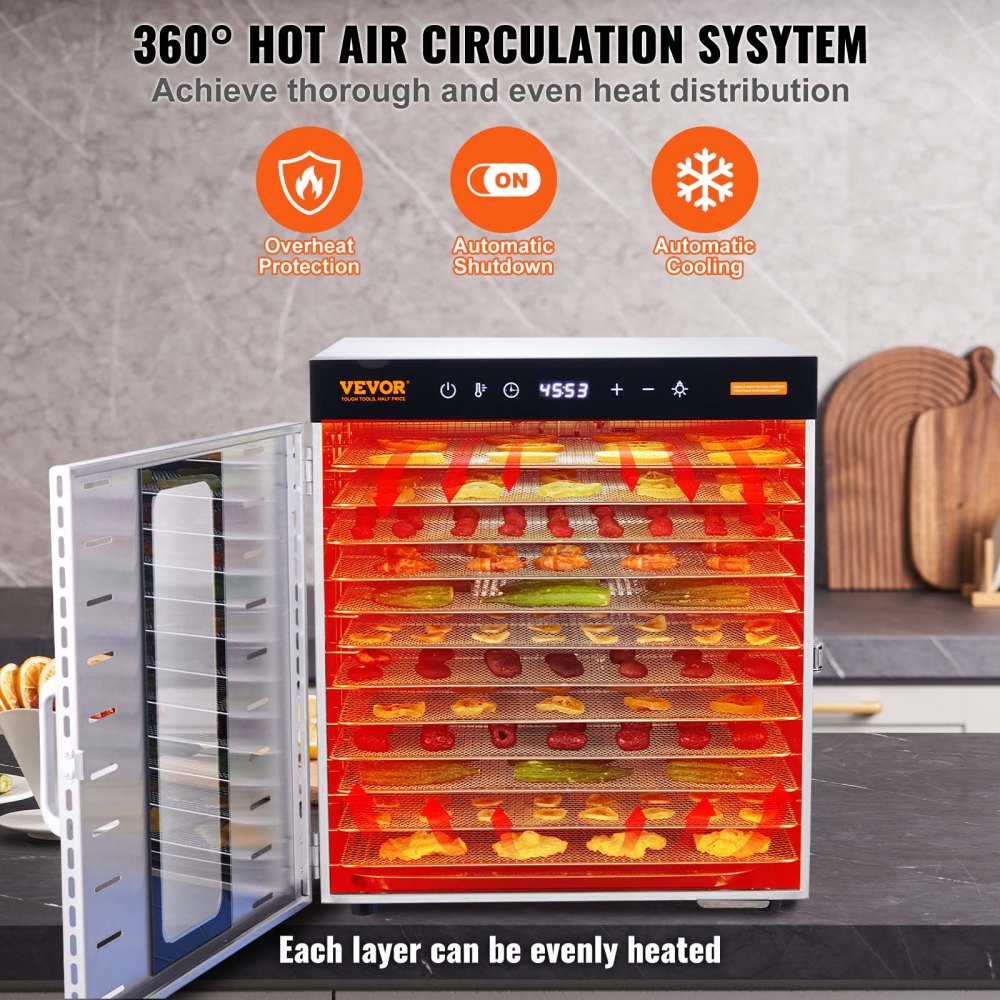 VEVOR 1000 W Dörrautomat Edelstahl, 377 x 285 mm 10 Stk. Tabletts 360° Trocken, Dörrgerät, Temperaturregelung, 0,5 bis 48-Stunden-Timer, Überhitzungsschutz, Rezeptheft für Fleisch Obst Gemüse