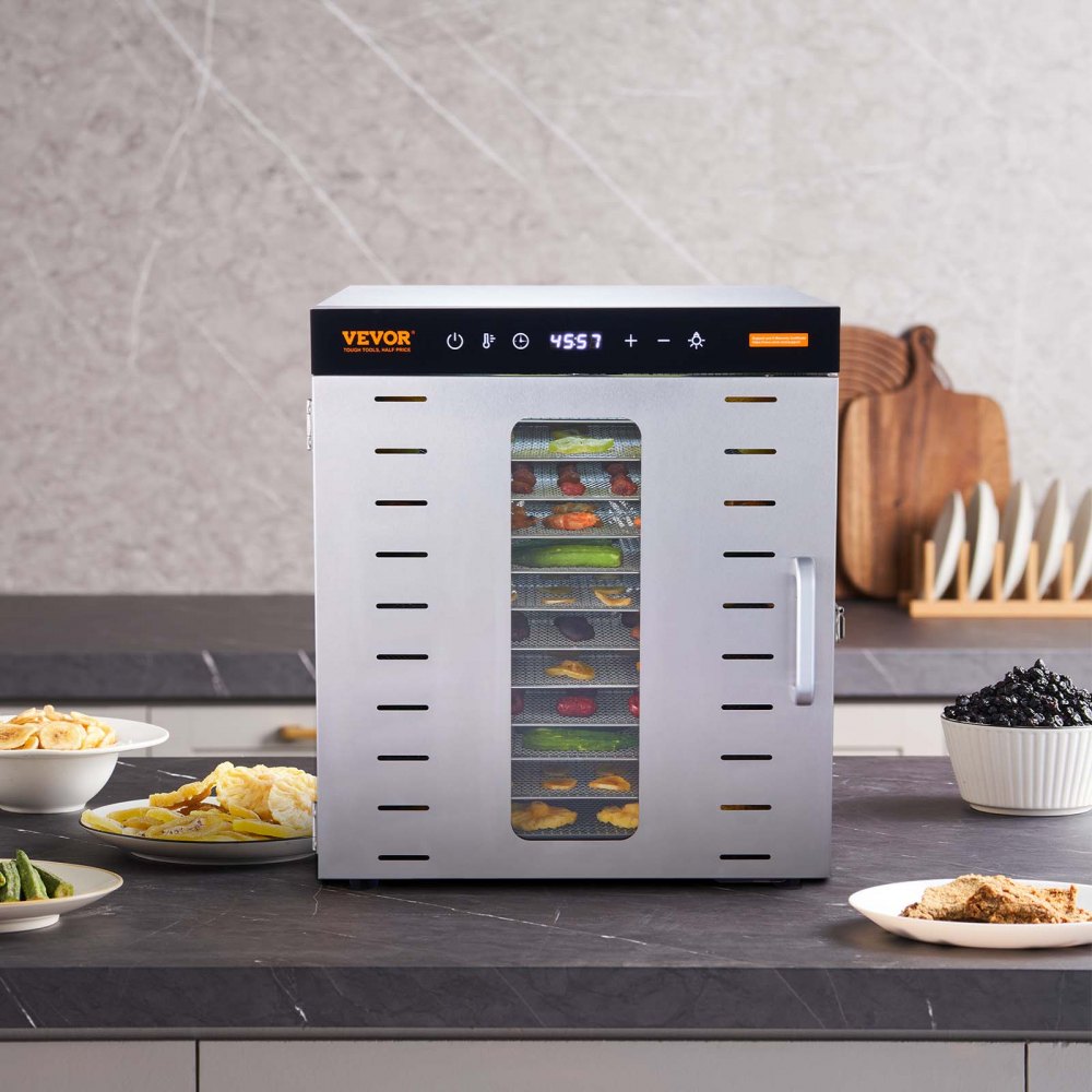 VEVOR 1000 W Dörrautomat Edelstahl, 377 x 285 mm 10 Stk. Tabletts 360° Trocken, Dörrgerät, Temperaturregelung, 0,5 bis 48-Stunden-Timer, Überhitzungsschutz, Rezeptheft für Fleisch Obst Gemüse
