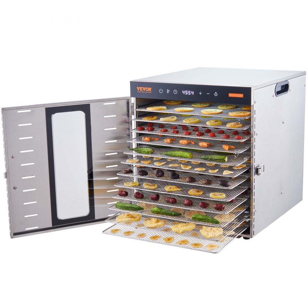 VEVOR 1000 W Dörrautomat Edelstahl, 377 x 285 mm 10 Stk. Tabletts 360° Trocken, Dörrgerät, Temperaturregelung, 0,5 bis 48-Stunden-Timer, Überhitzungsschutz, Rezeptheft für Fleisch Obst Gemüse