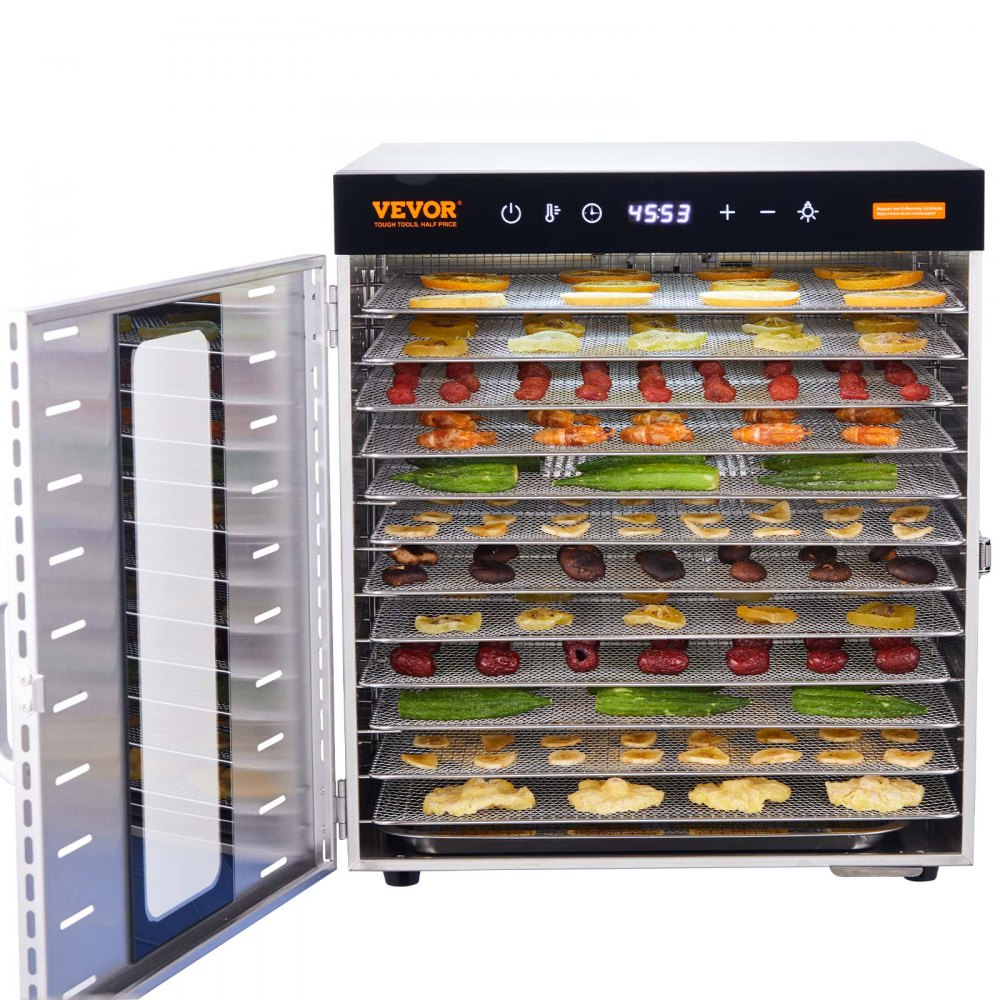 VEVOR 1000 W Dörrautomat Edelstahl, 377 x 285 mm 10 Stk. Tabletts 360° Trocken, Dörrgerät, Temperaturregelung, 0,5 bis 48-Stunden-Timer, Überhitzungsschutz, Rezeptheft für Fleisch Obst Gemüse