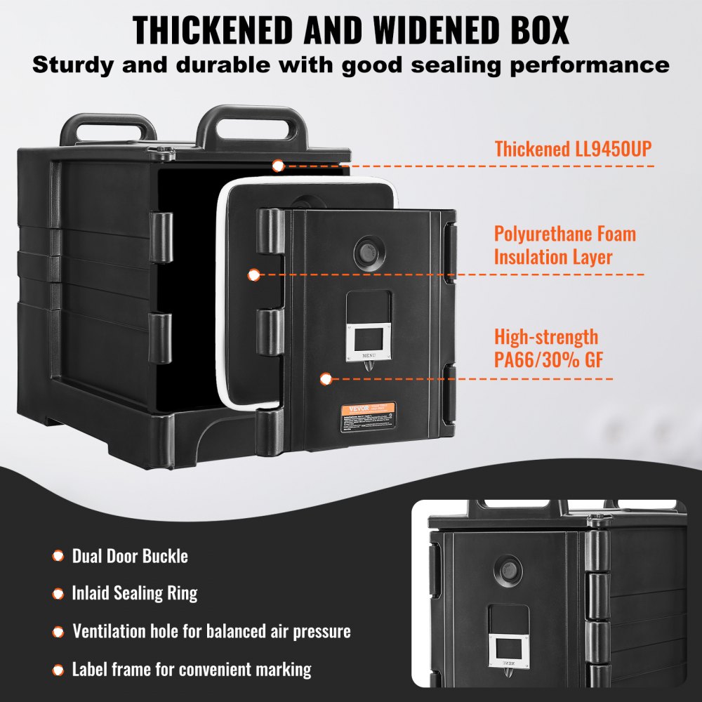 VEVOR Isolierter Speisenbehälterträger Warmhaltebox für Gastronomie 75 L, Speisenbehälter mit Doppelschnallen & Griffen, Speisenbehälterträger Lebensmitteltransportbox Restaurant Kantine schwarz