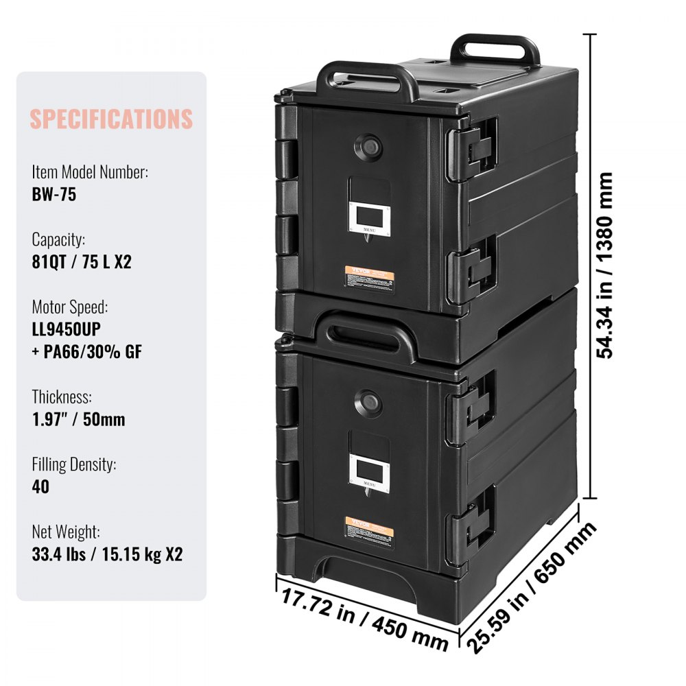 VEVOR Isolierter Speisenbehälterträger Warmhaltebox für Gastronomie 75 L x 2, Speisenbehälter mit Doppelschnallen & Griffen, Speisenbehälterträger Lebensmitteltransportbox für Restaurant