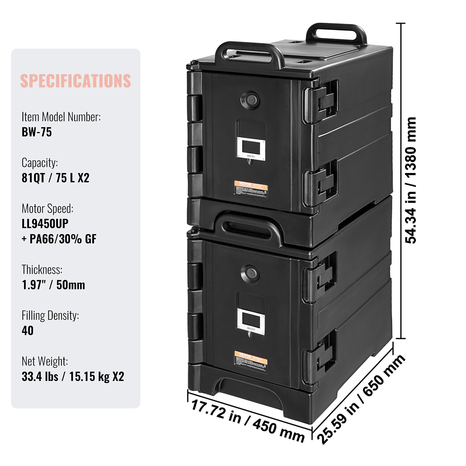 VEVOR Isolierter Speisenbehälterträger Warmhaltebox für Gastronomie 75 L x 2, Speisenbehälter mit Doppelschnallen & Griffen, Speisenbehälterträger Lebensmitteltransportbox für Restaurant