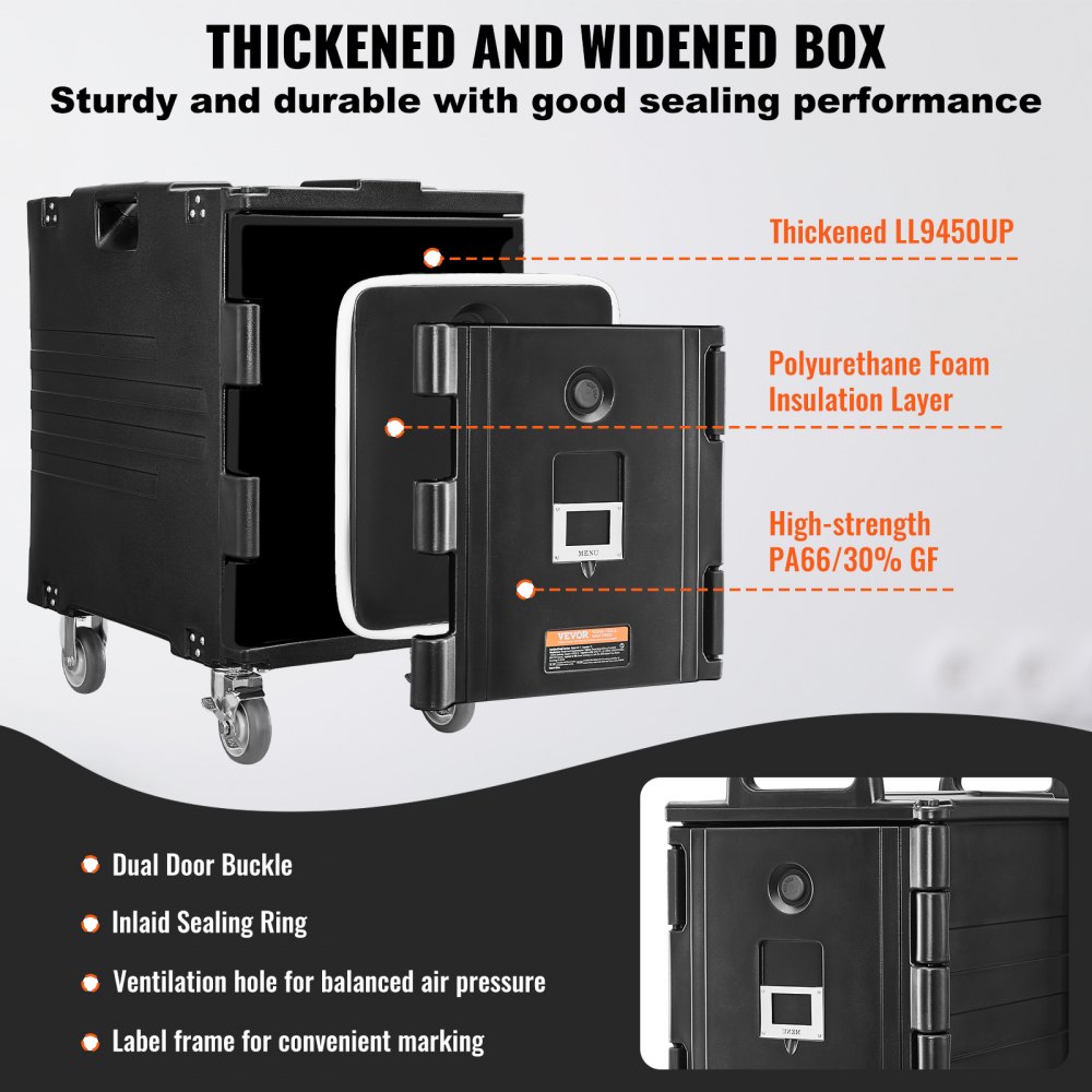 VEVOR Isolierter Speisenbehälterträger Warmhaltebox für Gastronomie 90 L, Speisenbehälter mit Schnalle, rollbarer Speisenbehälterträger, Lebensmitteltransportbox für Restaurant Kantine schwraz