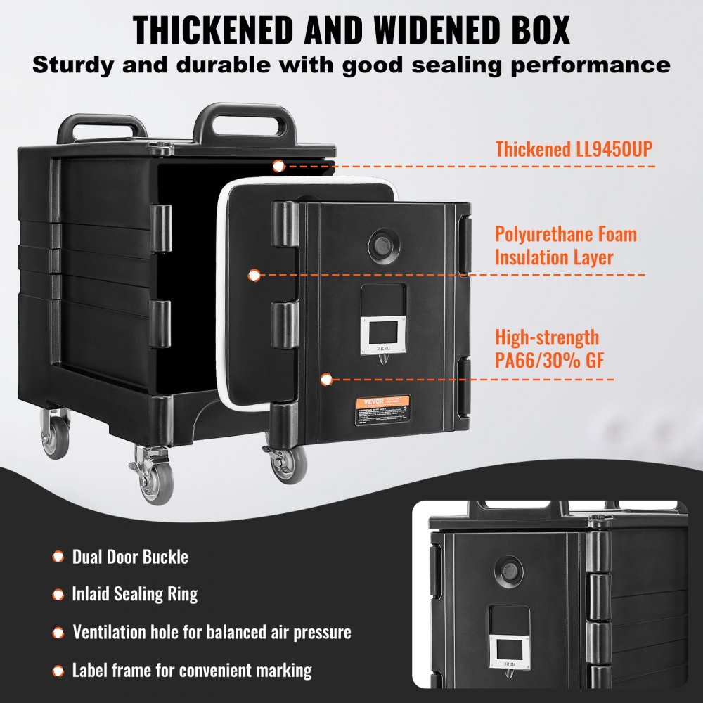 VEVOR Isolierter Speisenbehälterträger Warmhaltebox für Gastronomie 75 L, Speisenbehälter mit Doppelschnallen & Griffen, Speisenbehälterträger Lebensmitteltransportbox für Restaurant Schwarz