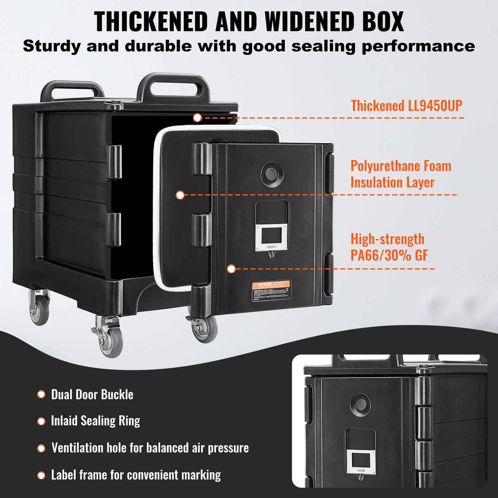 VEVOR Isolierter Speisenbehälterträger Warmhaltebox für Gastronomie 75 L, Speisenbehälter mit Doppelschnallen & Griffen, Speisenbehälterträger Lebensmitteltransportbox für Restaurant Schwarz