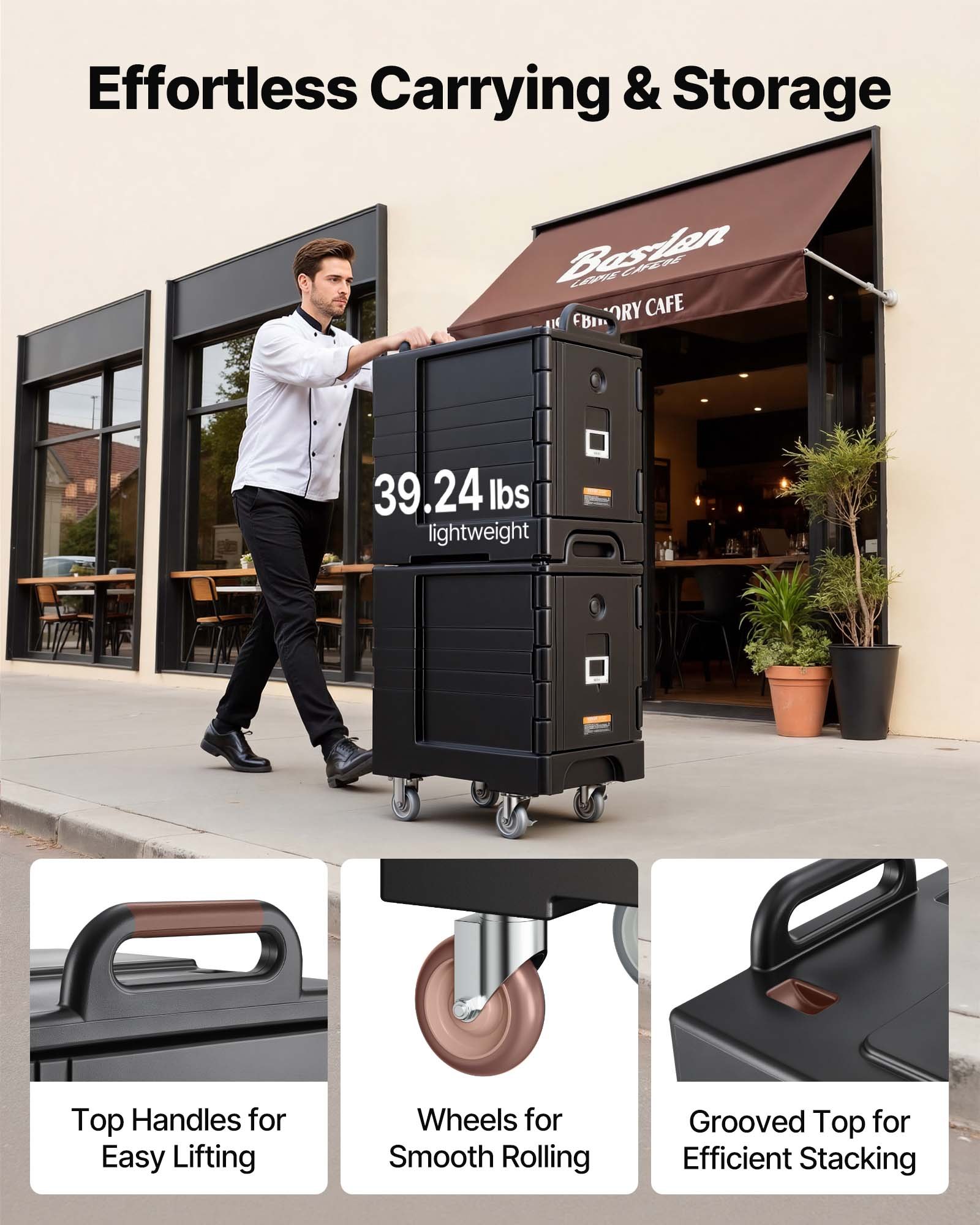 VEVOR Isolierter Speisenbehälterträger Warmhaltebox für Gastronomie 75 L, Speisenbehälter mit Doppelschnallen & Griffen, Speisenbehälterträger Lebensmitteltransportbox für Restaurant Schwarz (ohne Tablett)