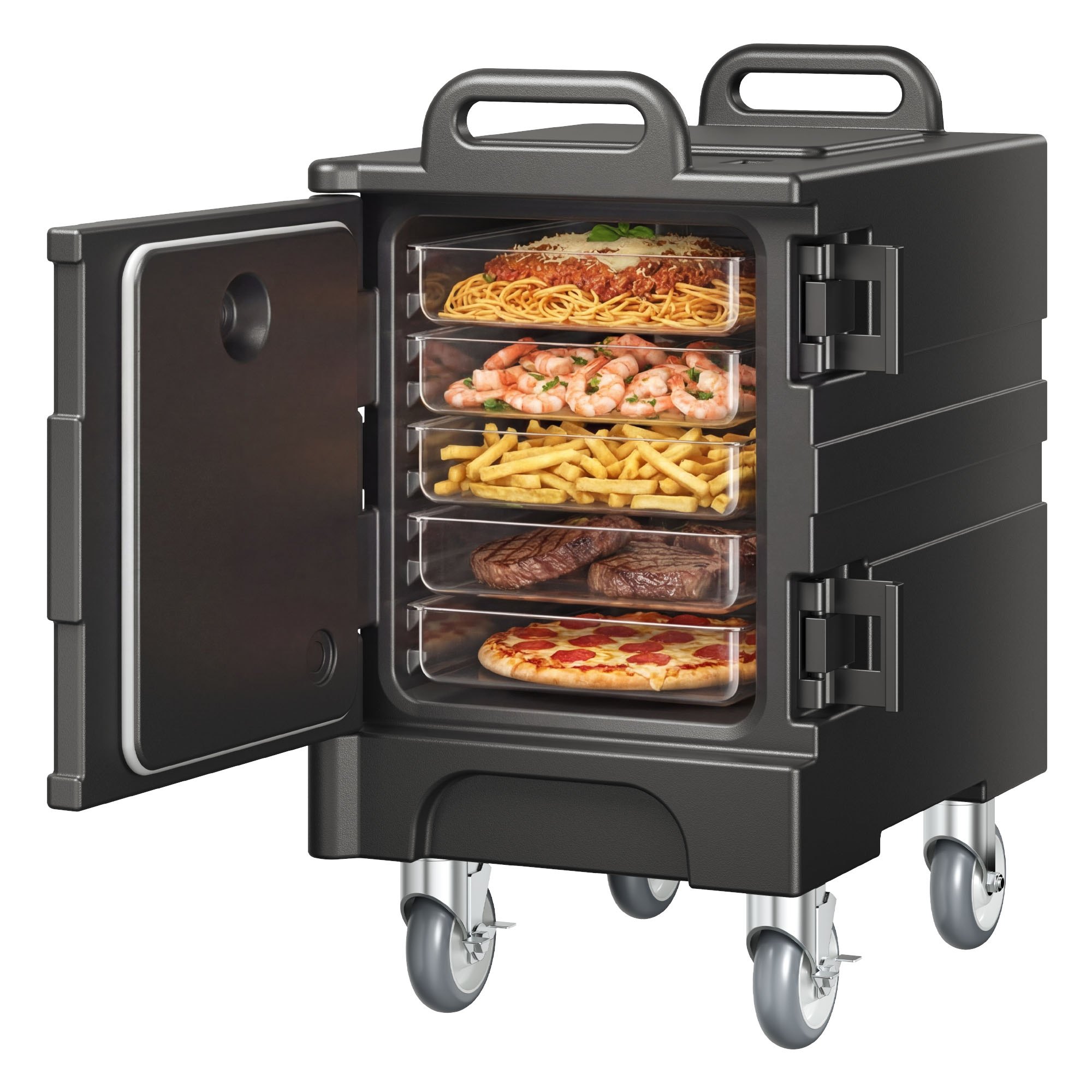 VEVOR Isolierter Speisenbehälterträger Warmhaltebox für Gastronomie 75 L, Speisenbehälter mit Doppelschnallen & Griffen, Speisenbehälterträger Lebensmitteltransportbox für Restaurant Schwarz (ohne Tablett)