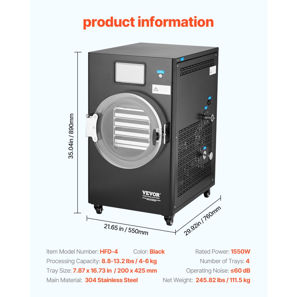 VEVOR Gefriertrockner Gefriertrocknungsmaschine Trocknungsausrüstung (4–6 kg Kapazität) für Lebensmittel mit 4-lagigen Tabletts & einstellbarer Temperatur und Zeit, für Früchte Obst Schwarz