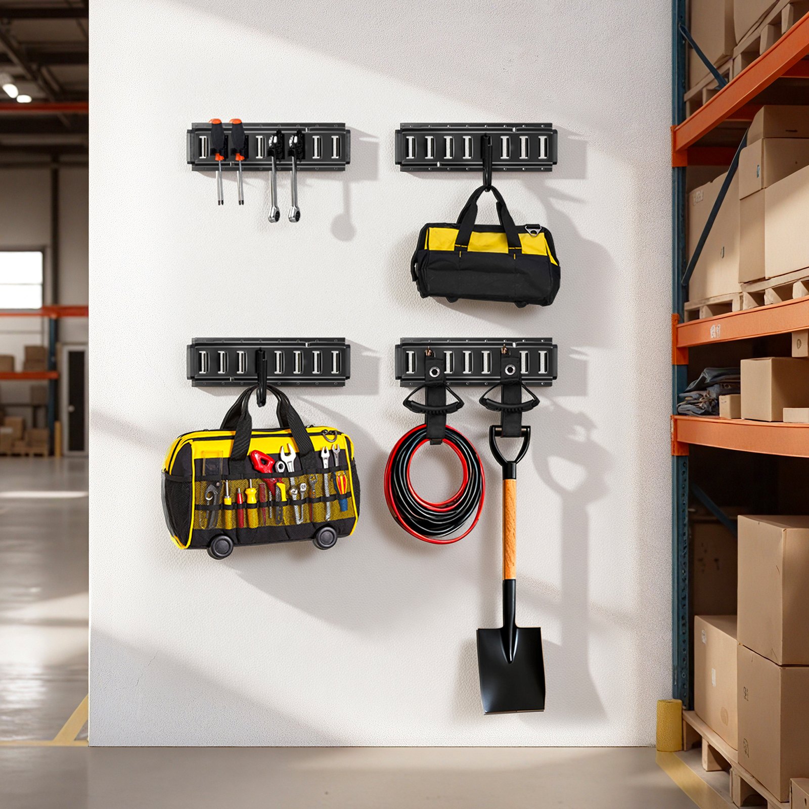 VEVOR E-Track-Zurrschienen-Set, 4er-Pack 0,4 m, inkl. 2 U-förmige Haken, 2 Werkzeughalter, 2 Schienenregalhalterungen, 2 Reifenhalter, 2 Kabelaufbewahrungsringe, 8 Endkappen und 1 Tasche