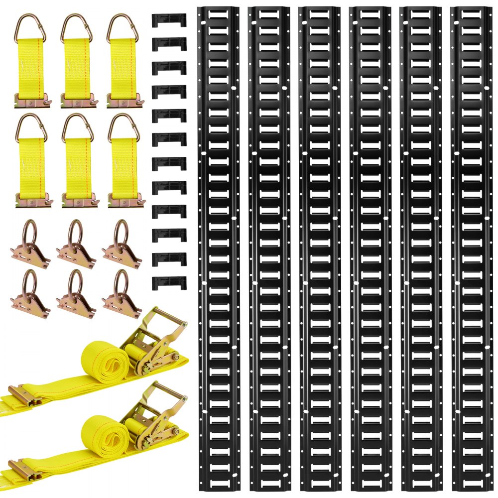 VEVOR E-Track-Zurrschienen-Set, 6er-Pack 1,5 m, 26-tlg. Zubehör, inkl. 2 Ratschengurten & 6 O-Ringen & 6 Zurrgurten mit D-Ring & 12 Endkappen, für Garagen, Lieferwagen, Anhänger, Motorräder