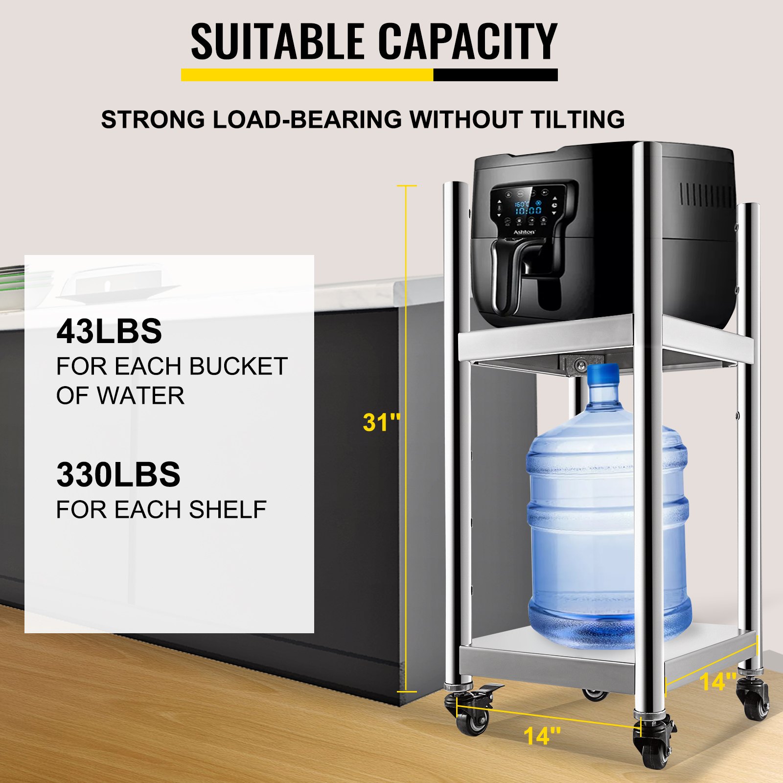 VEVOR Reiswärmer-Ständer, 35,6 x 35,6 cm, Restaurant-Ausrüstungsständer, Komplett aus Edelstahl, Sushi-Wärmer-Ständer, zwei Unterregale, Gewerblicher Küchengeräte-Ständer, Reiswärmer