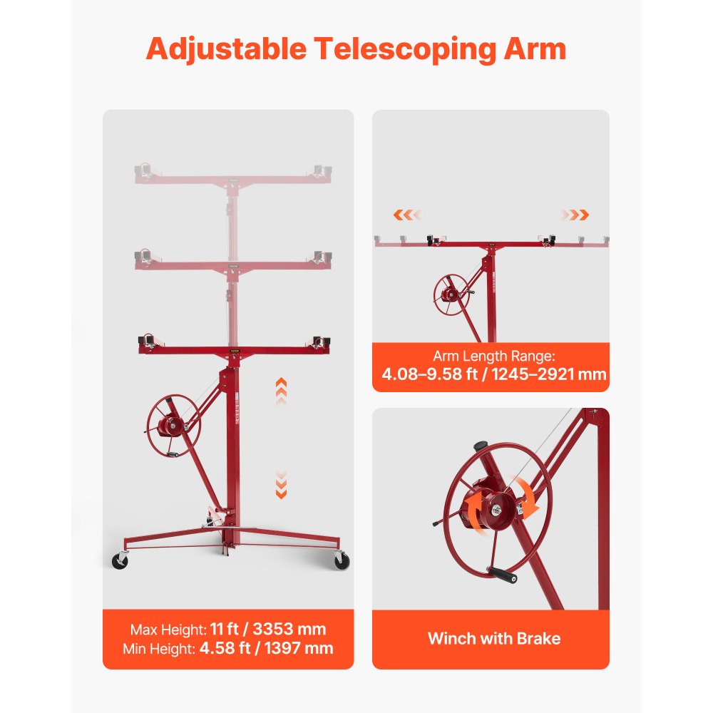 VEVOR Plattenheber bis max. 68 kg, 3353 mm Höhe, Gipskartonheber mit verstellbarem Teleskoparm, Rigipsplatten, Trockenbau-Heber, Panelheber, Hebezeug, Werkzeuge, für Decken- & Wandmontage (Rot)