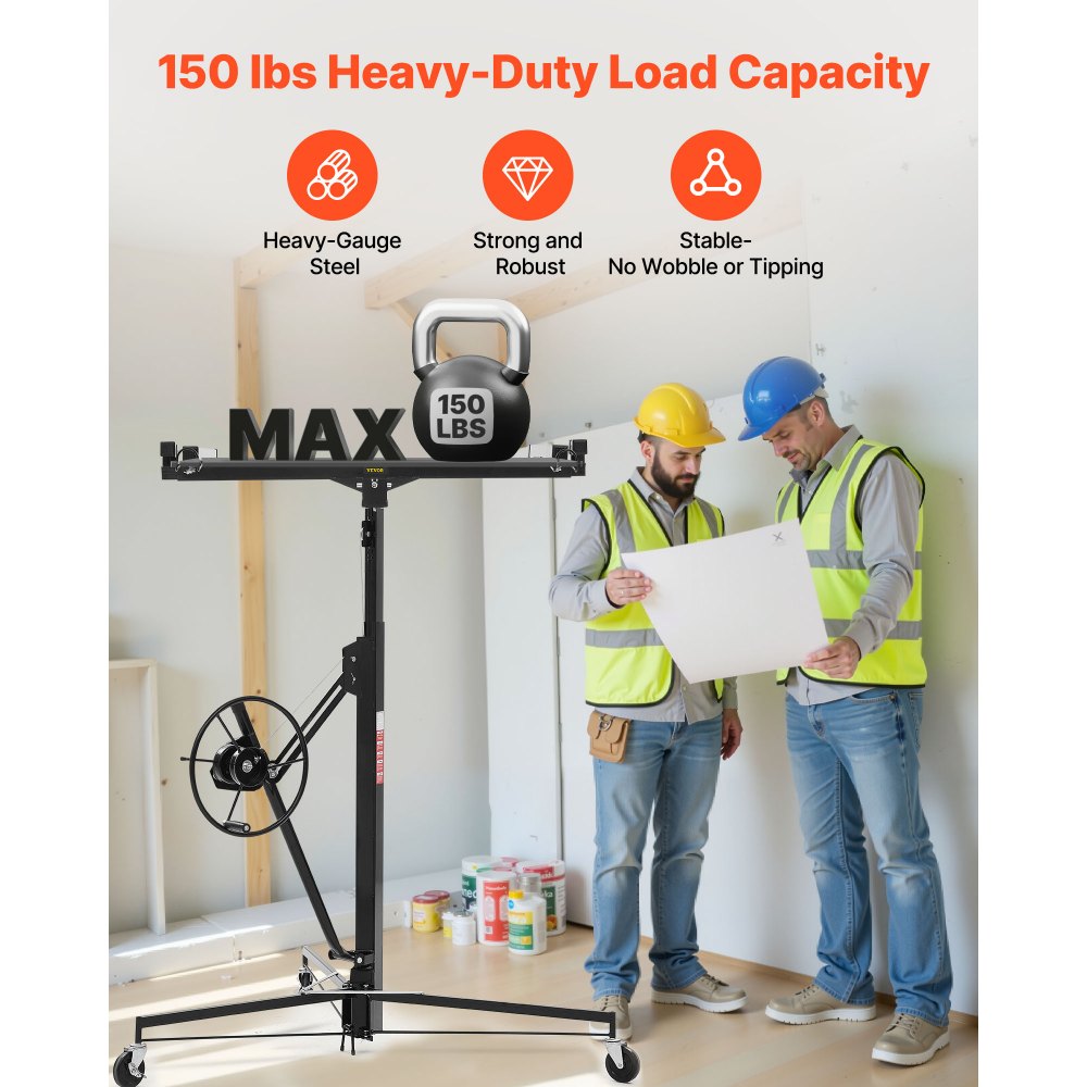 VEVOR 3353mm Drywall Lift, Heavy-Duty 68 kg Sheetrock Hoist with Adjustable Telescoping Arm, Lockable Wheels, Drywall Lifter Panel Jack Hoist Tools Ideal for Ceiling & Wall Installation (Black)