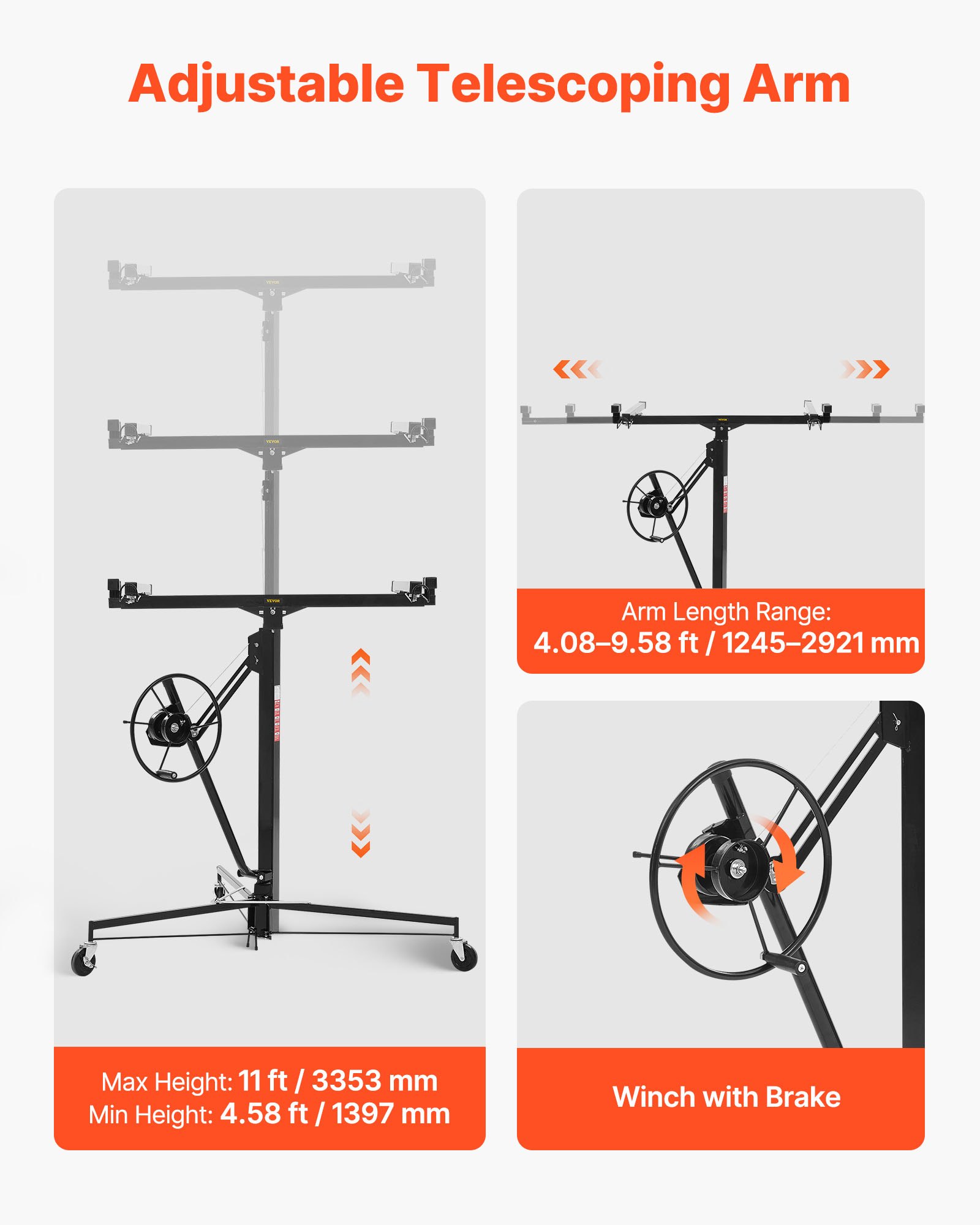VEVOR 3353mm Drywall Lift, Heavy-Duty 68 kg Sheetrock Hoist with Adjustable Telescoping Arm, Lockable Wheels, Drywall Lifter Panel Jack Hoist Tools Ideal for Ceiling & Wall Installation (Black)