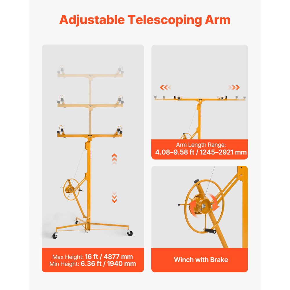VEVOR Plattenheber bis max. 68 kg, 4877 mm Höhe, Gipskartonheber mit verstellbarem Teleskoparm, Rigipsplatten, Trockenbau-Heber, Panelheber, Hebezeug, Werkzeuge, für Decken- & Wandmontage (Gelb)