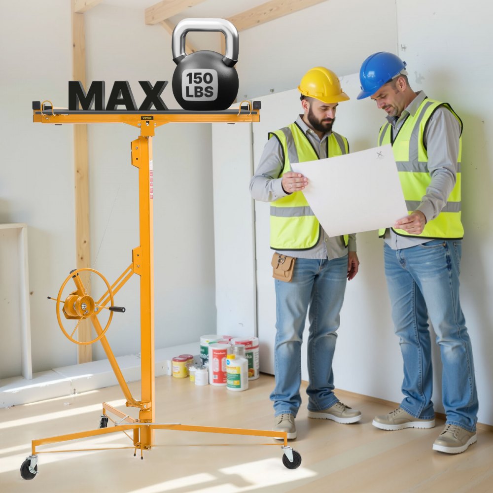 VEVOR Plattenheber bis max. 68 kg, 4877 mm Höhe, Gipskartonheber mit verstellbarem Teleskoparm, Rigipsplatten, Trockenbau-Heber, Panelheber, Hebezeug, Werkzeuge, für Decken- & Wandmontage (Gelb)