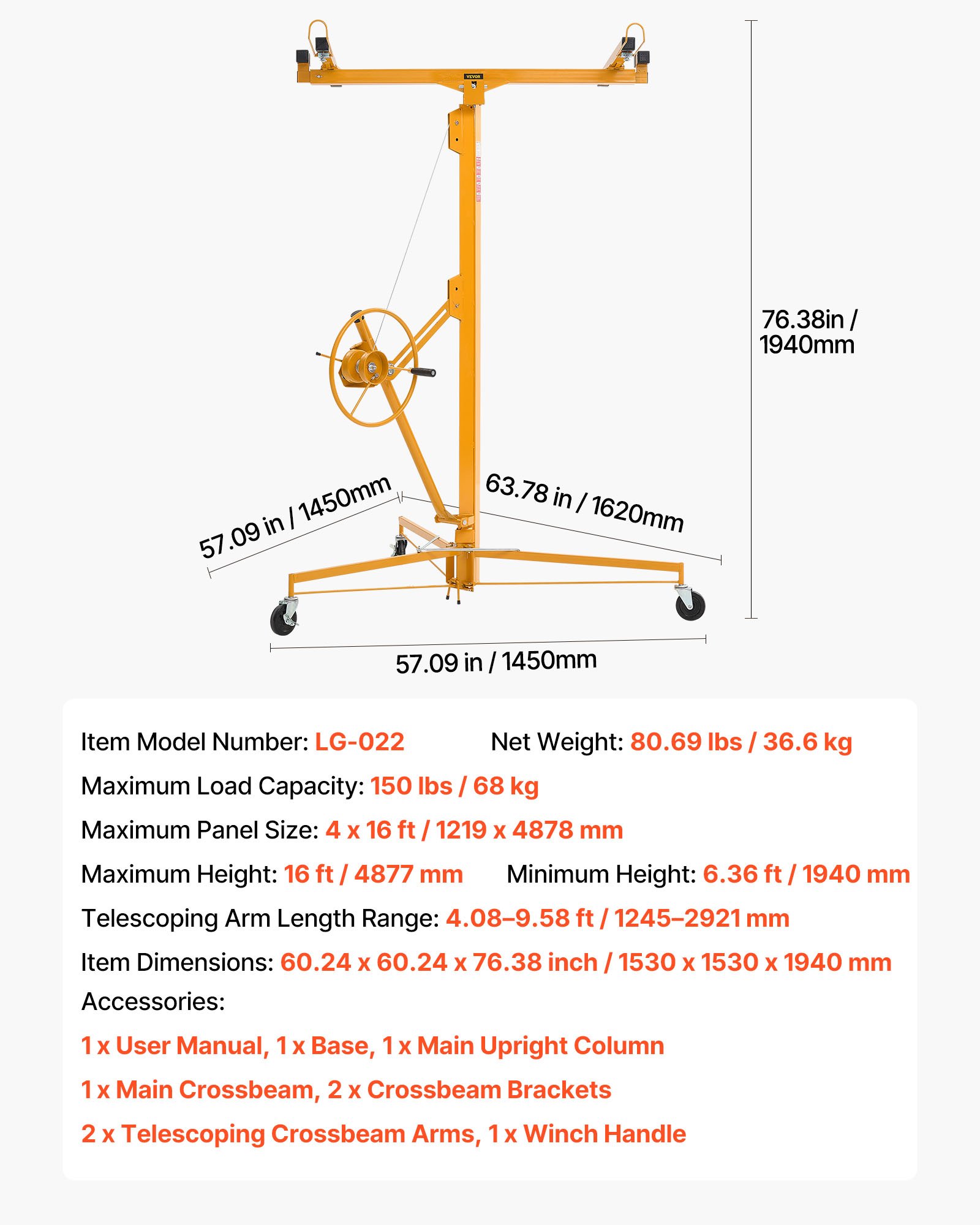 VEVOR Plattenheber bis max. 68 kg, 4877 mm Höhe, Gipskartonheber mit verstellbarem Teleskoparm, Rigipsplatten, Trockenbau-Heber, Panelheber, Hebezeug, Werkzeuge, für Decken- & Wandmontage (Gelb)