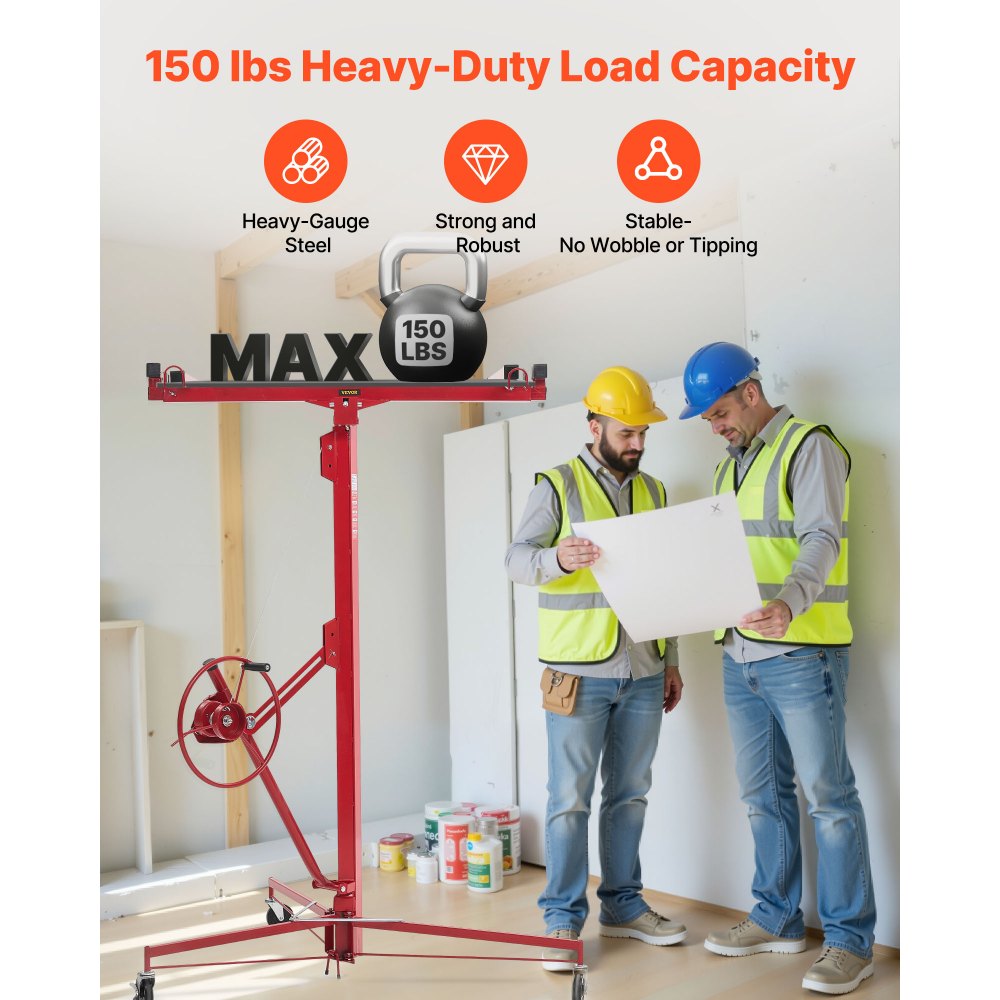 VEVOR Plattenheber bis max. 68 kg, 4877 mm Höhe, Gipskartonheber mit verstellbarem Teleskoparm, Rigipsplatten, Trockenbau-Heber, Panelheber, Hebezeug, Werkzeuge, für Decken- & Wandmontage (Rot)