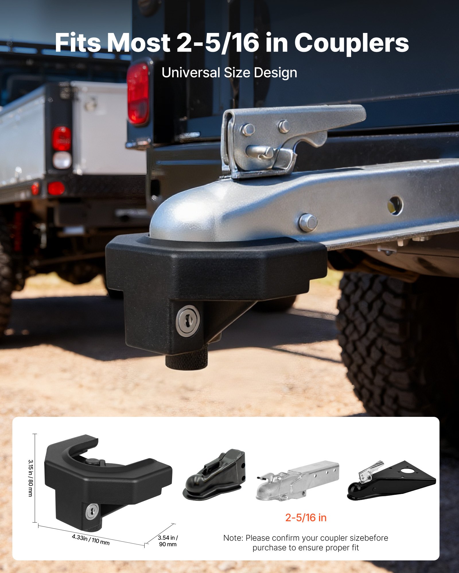 VEVOR Trailer Hitch Lock Kit, Compatible with 58.7 mm Couplers, Heavy-Duty Anti-Theft Trailer Ball Lock with 3 Keys & Padlock, Prying-Resistant & Impact-Resistant, Fits for RVs, Boats, Trailers