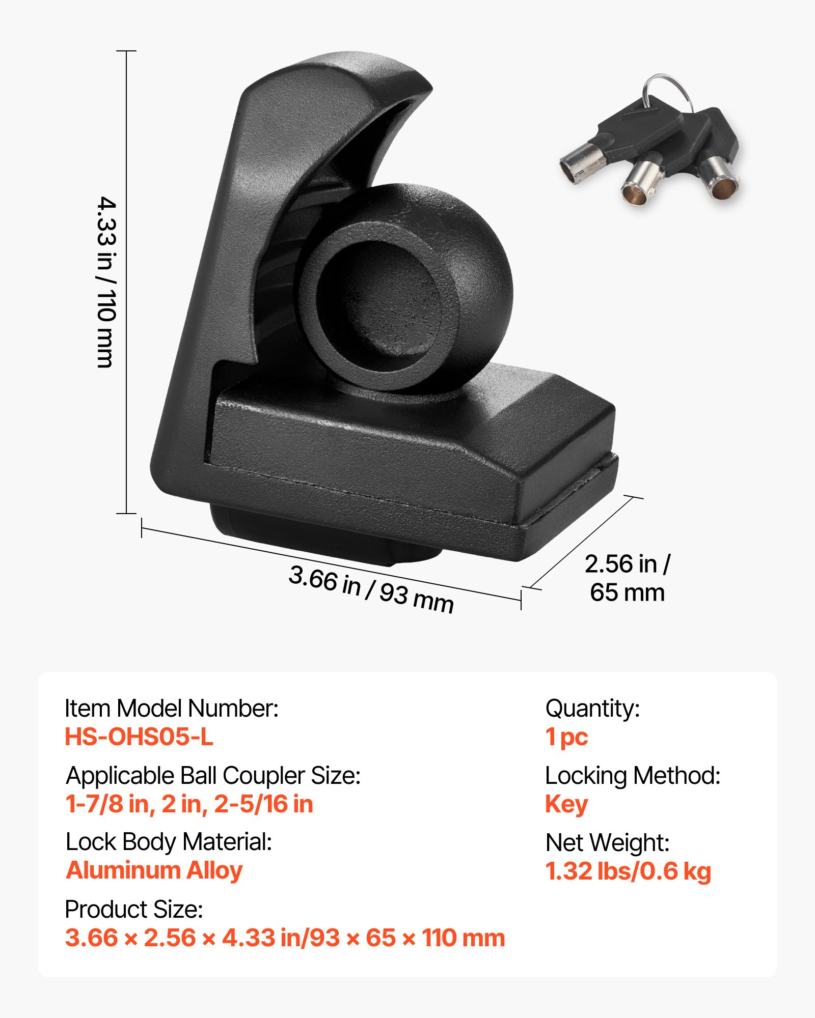 VEVOR Anhängersschloss, kompatibel mit 1-7/8 Zoll, 2 Zoll, 2-5/16 Zoll Kupplungen, diebstahlsicheres Kugelschloss mit 3 Schlüsseln, passend für Wohnmobile, Boote, Anhänger, schwarz