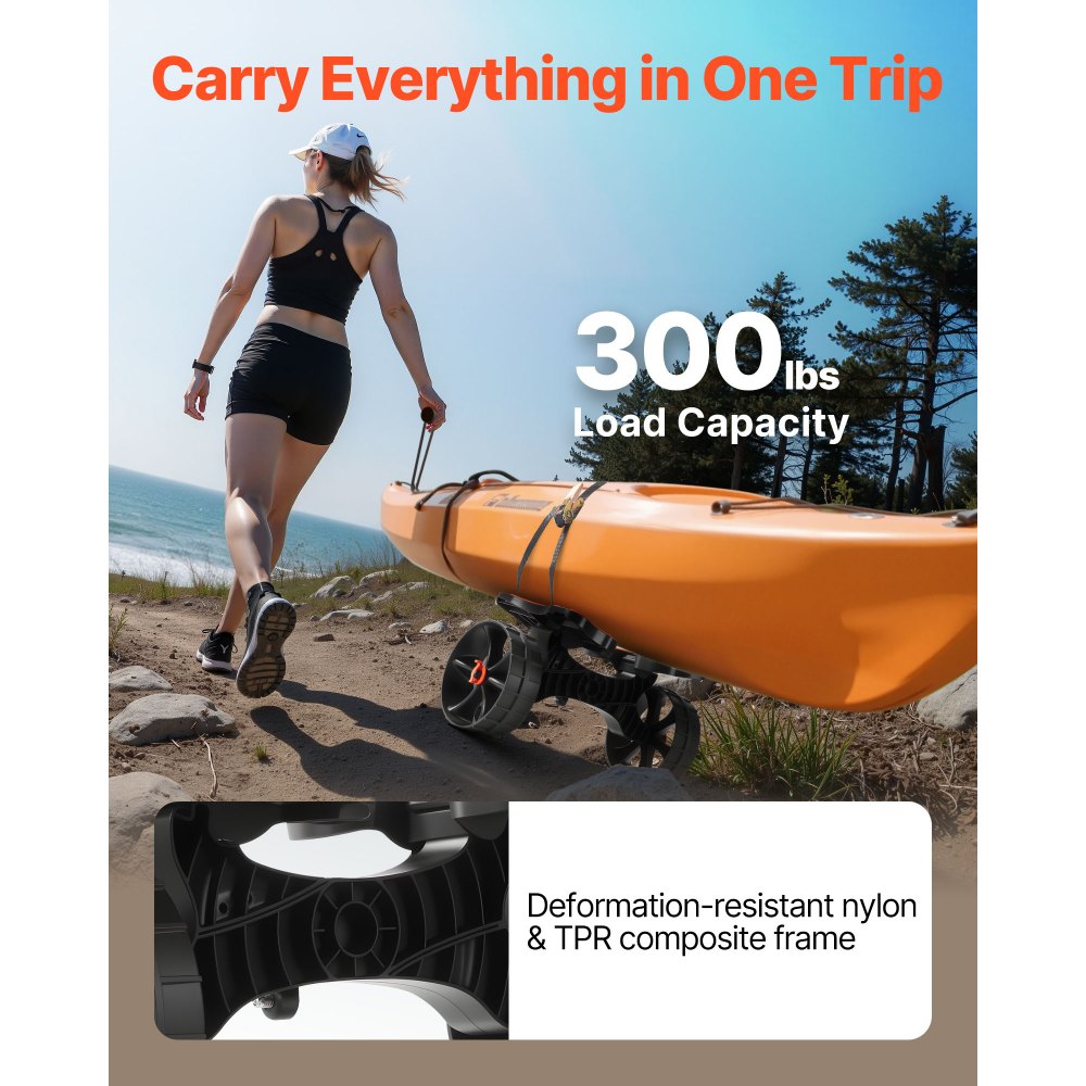 VEVOR Kajakwagen, 136kg, faltbarer Kanuwagen mit 25,4cm Vollgummireifen & 1 Ratschengurt, Bootswagen zum Transportieren von Kajaks, Kanus, Paddleboards, Jon-Booten, Wassersportgeräte, 615x325x320mm