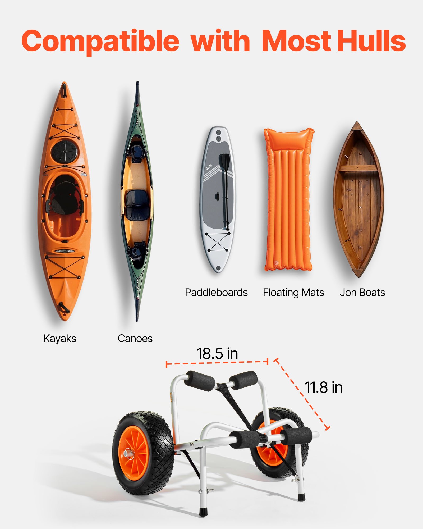 VEVOR Kajakwagen, 113 kg, faltbarer Kanuwagen mit 25,4 cm Vollgummireifen & 1 Ratschengurt, Bootswagen zum Transportieren von Kajaks, Kanus, Paddleboards, Jon-Booten, Wassersportgeräte, 70x40x40cm