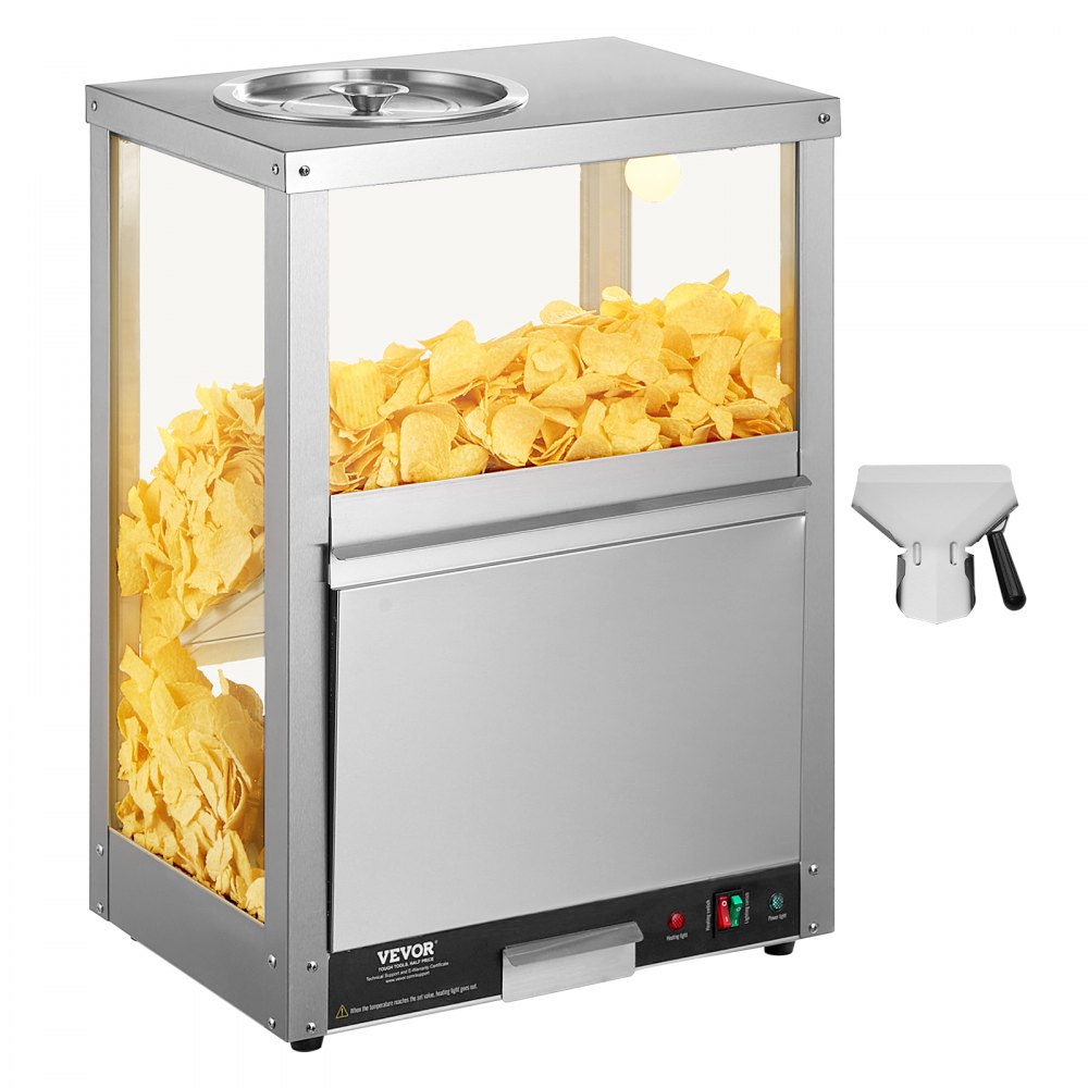 VEVOR Kommerzieller Nacho-Chip-Wärmer, 80 l Chip-Wärmer-Maschine mit Heizsockel und Wärmelicht, Nacho-Maschine mit Ablenkbrett, Edelstahl, für Nacho-Chips, Popcorn, Kartoffelchips, Erdnüsse