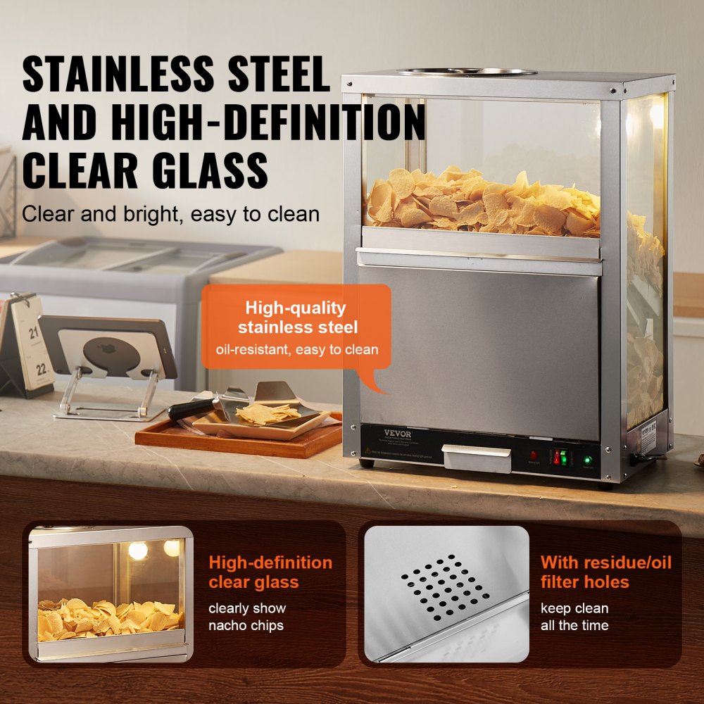 VEVOR Kommerzieller Nacho-Chip-Wärmer, 80 l Chip-Wärmer-Maschine mit Heizsockel und Wärmelicht, Nacho-Maschine mit Ablenkbrett, Edelstahl, für Nacho-Chips, Popcorn, Kartoffelchips, Erdnüsse