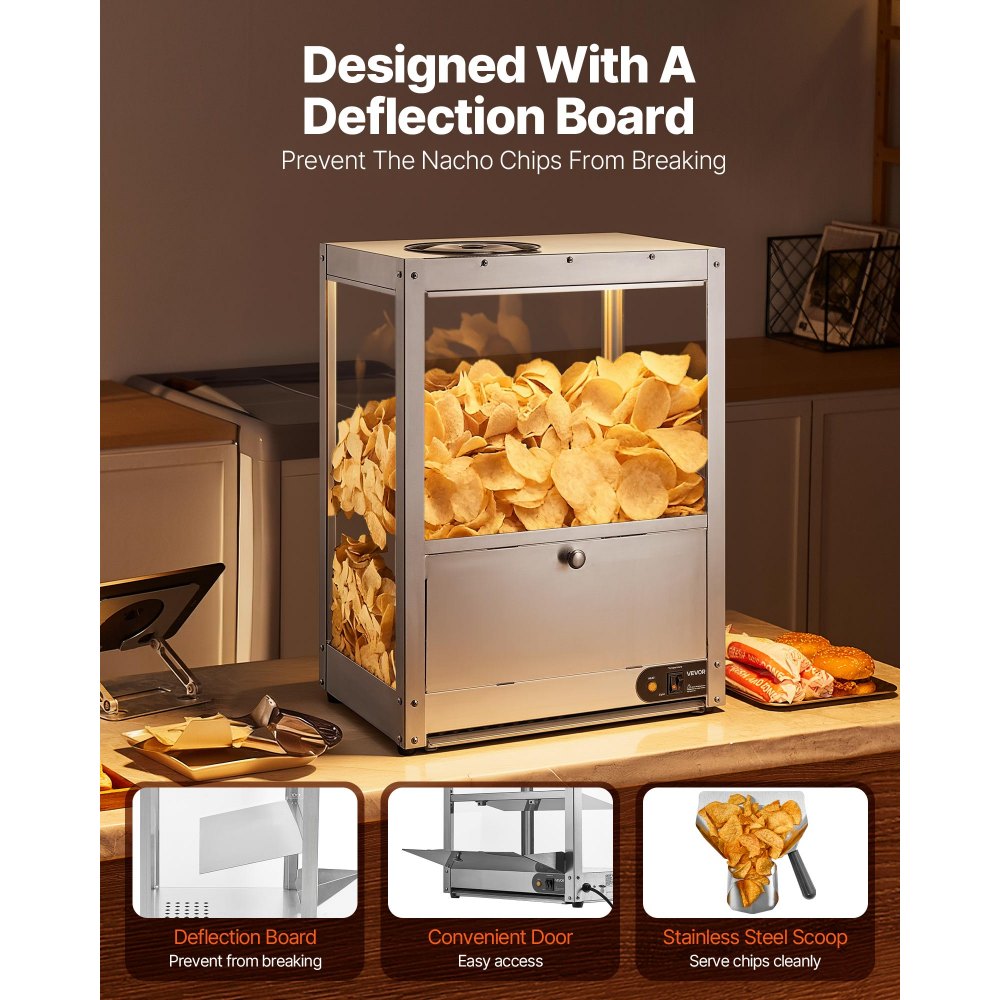 VEVOR Kommerzielle Nacho-Maschine 80 L, Elektrischer Chip-Wärmer 300 W mit Heizplatte & Wärmelampe & Ablenkplatte, Nacho-Chip-Wärmer aus Edelsstahl für Popcorn Kartoffelchips Erdnusschips