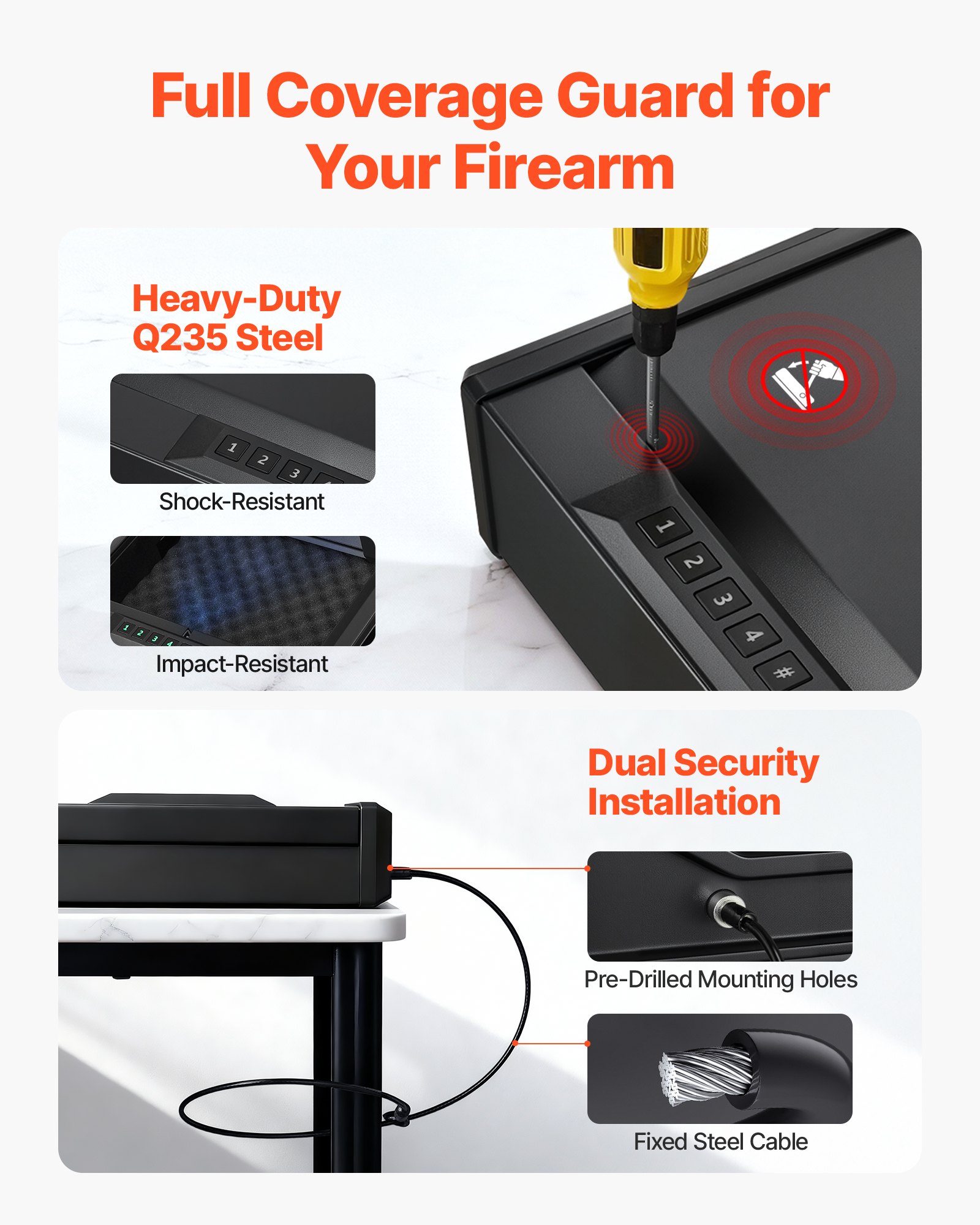 VEVOR Waffentresor Pistolentresor mit Fingerabdruck/Passwort (vierstelliger Code)/Schlüssel, Waffensafe Waffenkofferbox mit Beleuchtung für 2 Pistole & 2 Magazine, 360 x 275 x 90 mm Waffenbox