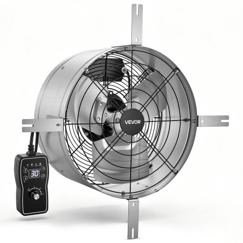 VEVOR Giebellüfter 38cm Dachbodenlüfter mit 2208,7m³/h Luftstrom Silber, Kühlung & Luftzirkulation für Dachboden Garage & Werkstatt, Kohlenstoffstahlgehäuse, mit Thermostat Netzkabel & Steuerkabel