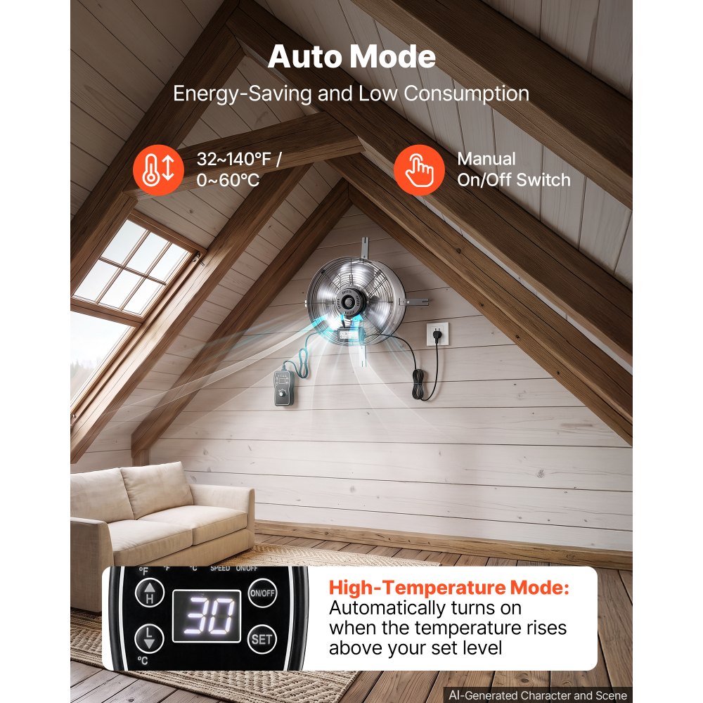 VEVOR Giebellüfter 38cm Dachbodenlüfter mit 2208,7m³/h Luftstrom Silber, Kühlung & Luftzirkulation für Dachboden Garage & Werkstatt, Kohlenstoffstahlgehäuse, mit Thermostat Netzkabel & Steuerkabel